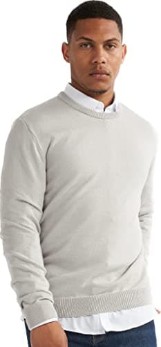 Image of alsestudio Men`s Crewneck Jumper 100% Cotton Premium Quality Soft Touch Long Sleeve Pullover Essential Style Knitted Sweaters for Men Grey-Medium