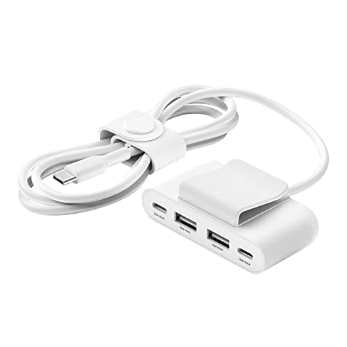Image of Belkin 4-Port USB Power Extender with built in 2m Cable, 2 USB-C & 2 USB-A Ports, USB Adapter with 30W Output, Fast Charging for iPhone 14 & Samsung Galaxy S23, Eco-Friendly Design & Detachable Clip