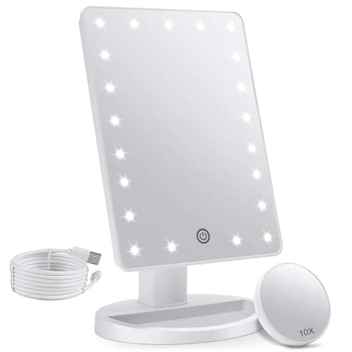 Image of FASCINATE Makeup Vanity Mirror with Lights and Detachable 10X Magnification, 21 Led Lights Adjustable Dimming Touch Sensor, Dual Power Supply, 180° Rotation, Portable Cosmetic Mirror(White)