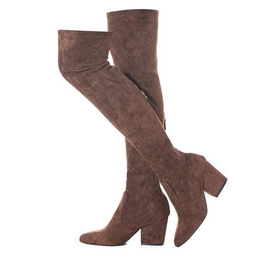 Image of N.N.G Women Over the Knee Boots Thigh High Suede Block Winter Low Above Flat Long OTK Comfort Pointed toe, Coffee 3"heel, 7 UK