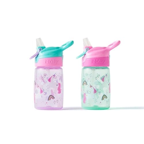 Image of Nuby Incredible Gulp Water Bottle - No Spill Active Toddler Sippy Cup | 360ml / 12oz | Carry Handle | Dishwasher and Microwave Safe | Suitable Beaker for 18 Months Plus (Unicorns, Pack of 2)