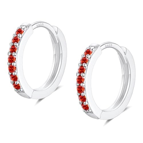 Image of Silver Hoop Earrings for Women, Sterling Silver Small Huggie Hoop Earrings | Hypoallergenic Red Cubic Zirconia Hoops Earrings Jewellery Gifts for Girls Birthday Wedding