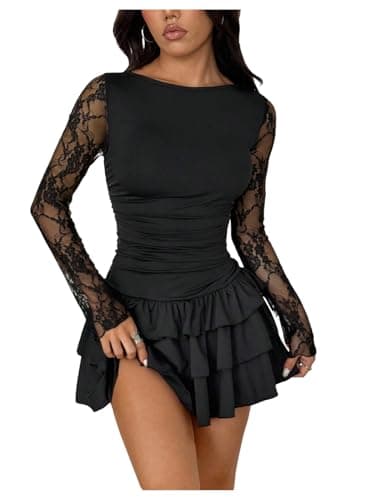 Image of GORGLITTER Women's Ruched A Line Tiered Ruffle Mini Dresses Lace Sheer Long Sleeve Crewneck Clubwear Dress Black Medium
