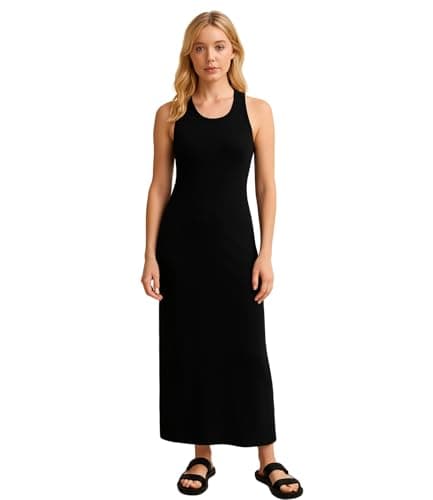 Image of Women's Racer Back Maxi Dress Ladies Full Length Jersey Long Vest Muscle Sleeveless Dress Plus Size Black