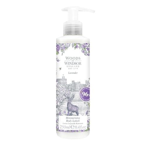 Image of Woods of Windsor Body Lotion, Floral Body Moisturiser for Women with Notes of Patchouli and Musk, Fast Absorbing Body Cream to Help Soften and Moisturise Skin, Lavender Scent 250ml