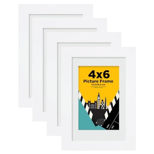 Image of EGOFINE 6x4 Photo Frames,100% Solid Wood Frames with Acrylic Glass Set of 4,Matted for 3.5x5/4x6 inch Picture,6x4 Picture Frames for Tabletop and Wall Mounting,10x15cm Small frames for Printing,White