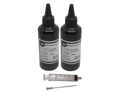 Image of 2 100ml Bottles of Refill Black ink for use in refilling ink cartridges and continuos ink systems ciss to replace ink in Epson, HP, Lexmark,Canon Brother printers complete with Syringe