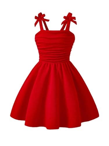 Image of GORGLITTER Girl's Bow Sleeveless Swing Midi Cami Dresses Ruched Flared Flowy Summer Party Sundress Aged 8-12 Years Red 8Y