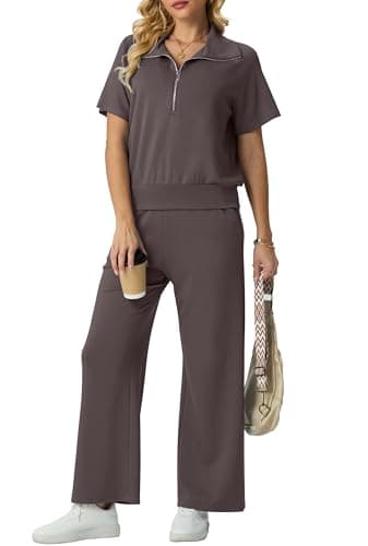 Image of GRECERELLE Tracksuit Womens Full Set Summer Activewear Two Piece Outfits Lounge Wear Sets for Women Short Sleeve Half Zip Casual Pullover Tops and Jogging Bottoms with Pockets (Rosewood, M)