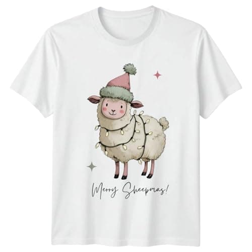 Image of Happy Sheepmas Christmas Sheep Holidays Mens T-Shirt Womens Tee Graphic Unisex Top Festive Light Up Animal S White