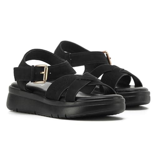 Image of VIVASHOES Women's Lightweight Adjustable Buckle Sandals – Flatform Small wedge Sandal - Soft Comfort Memory Foam Innersoles - True to Size Good for Wide Fit - Comfortable Summer Shoes - Black 5