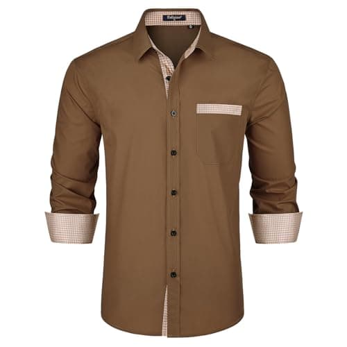 Image of Enlision Mens Brown Shirts Long Sleeve UK Wedding Shirts for Men England Plain Button Through Loose Fit for Casual Daily Festival Party XXL