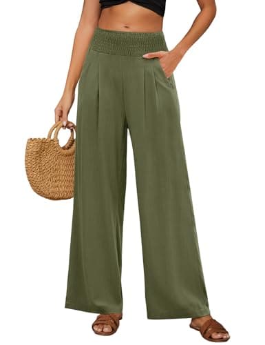 Image of PASUDA Women's Linen Trousers Wide Leg Elastic High Waist Pants Summer Palazzo Trousers with Pockets Ladies Cotton Solid Color Straight Leg Long Pants Casual Beach Holiday (Green, M)
