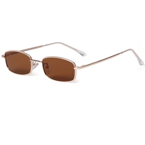 Image of Laurinny Retro Narrow Rectangle Sunglasses for Women Men Vintage 90s Small Metal Frame Square Glasses(Gold/Brown)