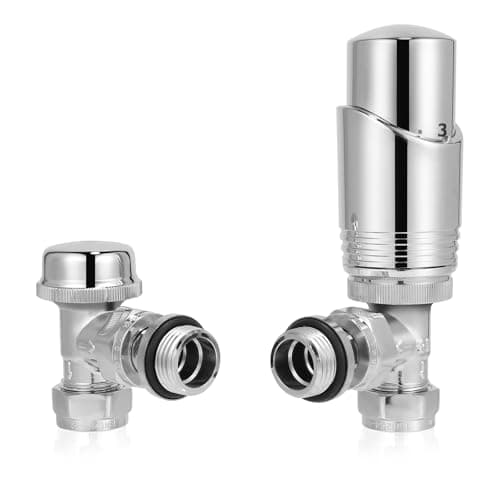 Image of SVNR Thermostatic Radiator Valves (TRV), Textured Chrome, Angled Lockshield Valve, 15mm, for Central Heating Radiators, Towel Rails,Leak-Proof Design.
