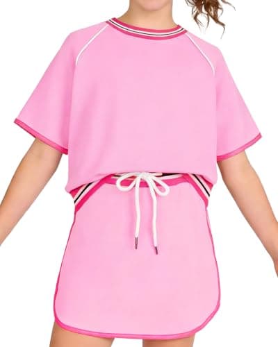 Image of Girls Summer Sports Clothes Set with Pink Skort & T-shirt, 2 Piece Breathable Kids Tracksuit With Short Sleeve Tops, Comfort Activewear Outfits for Girls 5-14 Years Dance Tennis Football Dailywear