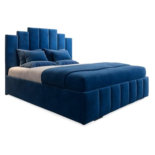 Image of Luxury Plush Velvet Art Deco Ottoman Storage Bed Frame with Headboard – Modern Gas Lift Up Base – Premium Upholstered Bedroom Furniture – UK Made (Push Blue, 5ft King Size)