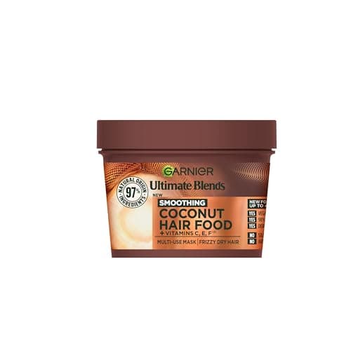 Image of Garnier Hair Mask For Frizzy Curly Hair, Ultimate Blends 3-In-1 Coconut Hair Food Treatment, 98% Natural Origin Ingredients To Smooth And Nourish Hair Without Weight, Vegan Formula, 400ml Plastic Tub