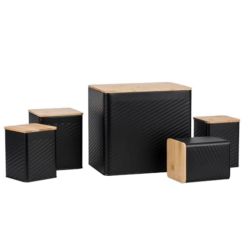 Image of EHC 5 piece Kitchen Storage Canister Set - Tea, Coffee, Sugar, Biscuit, & Bread bin With Lid, Airtight Containers with Lid, Jars Set of 5, Kitchen Accessories & Essentials, Black