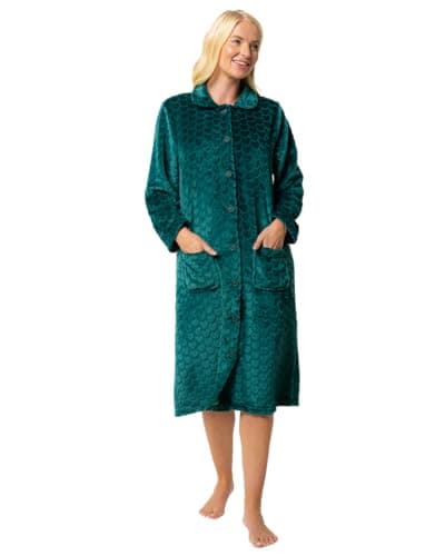 Image of Suzy & Me Ladies Button Through Soft Embossed Fleece Dressing Gown (UK, Numeric, 20, 22, Regular, Regular, FOREST GREEN)