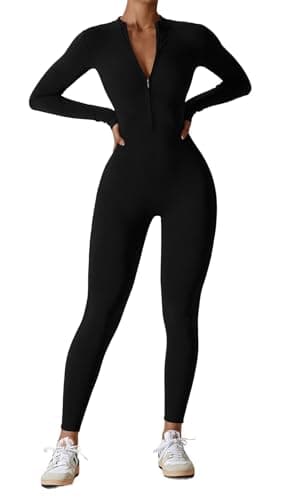 Image of Belriviere Women Long Sleeve Workout Jumpsuit Zip Up Romper Bottom Pants Bodysuit Bodycon Athletic Sexy One Piece Outfit M Black