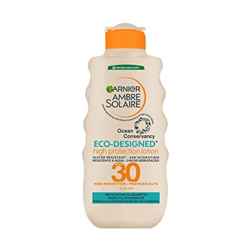 Image of Garnier Ambre Solaire Eco Design Sun Protection Sun Cream Lotion SPF30, High Sun Protection Factor 30, Water Resistant & Non Sticky Sunscreen, UVA & UVB Protection, Recycled & Recyclable Bottle, 200ml