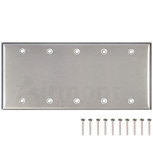 Image of Stainless Steel Blank Wall Plate, 5 Gang Standard Size 4.50'' x 10'' Corrosion and Heat Resistant, Unbreakable Metal, Silver, Cover Unused Electrical Sockets or Switch Holes