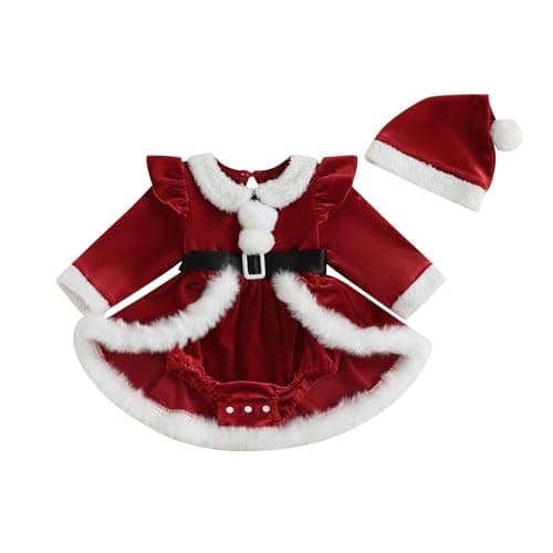 Image of RUIWANBBY Newborn Baby Girl Christmas Thanksgiving Outfits Long Sleeve Romper Dress with Hat/Headband for Theme Party Clothes (I-Red, 3-6 Months)