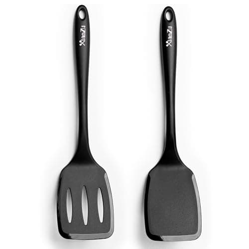 Image of 2 Pack Spatulas Set, Seamless Spatulas Silicone Heat Resistantan, Solid & Slotted Turners for Non Stick Cookware, Kitchen Utensils for Fish, Eggs, Pancakes, Wok (Black)