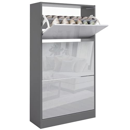 Image of Blisswood High Gloss 3 Drawer Shoe Cabinet Cupboard, Shoe Storage Organiser Freestanding 3 Tier Wooden Shoe Rack Cabinet Modern Footwear Stand For Hallway, Living Room Furniture (Light & Dark Grey)