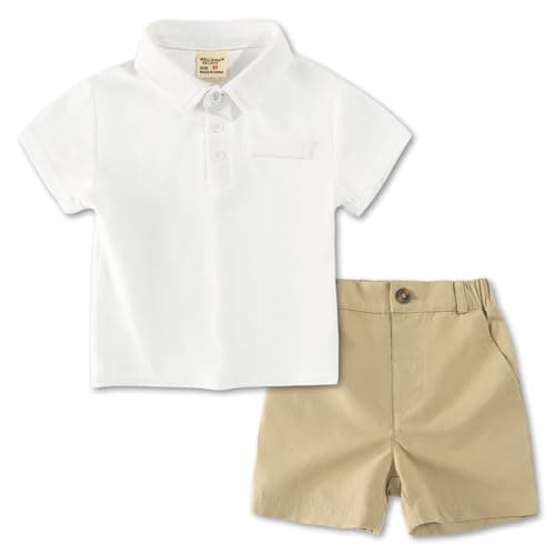 Image of Volunboy Toddler Boys Summer Clothes, Short Sleeve Polo Shirt Tops & Shorts Activewear Casual Sport Outfits 1-6 Years(Pure White,18-24 Months,Tag Size 90)