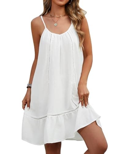 Image of Vancavoo Beach Dress for Women Casual Summer Dresses V Neck Spaghetti Strap Ladies Midi Dress,White,XL