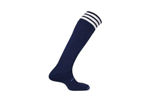 Image of Mitre Adult Mercury 3 Stripe Football Socks | Football Team Kit | Lightweight Long Sock | Breathable Sports Sock, Navy/White, Senior (7 UK - 12 UK)