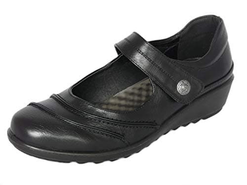 Image of Cushion Walk Women's Ladies EEE Extra Wide Fit Mary Jane Bar Shoes, Lightweight Black Faux Leather Low Wedge Flats, Casual Work Office Nurse Comfort Shoes (Black, 7)
