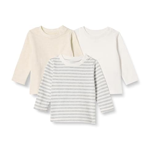 Image of Amazon Essentials Unisex Babies' Relaxed-Fit 100% Cotton Long-Sleeved T-Shirts, Pack of 3, Oatmeal Heather/Stripes, 18 Months