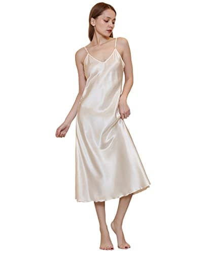 Image of JK Home Stain Full Slip Midi Dress - Chemise Nightgown with Adjustable Spaghetti Strap for Women - Champagne L