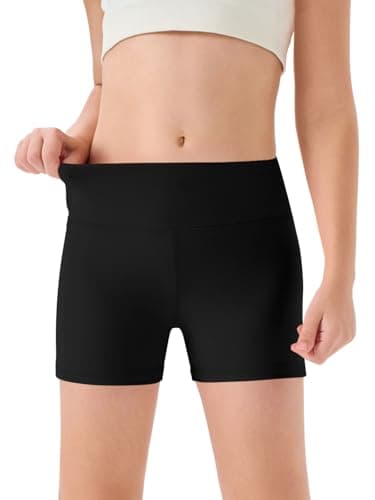 Image of Haloumoning Girls' Shorts, Summer Short Leggings, Children's Plain High Waist Cycling Shorts, Yoga, Dance, Gym, Sports Leggings, Under Skirt, Short Trousers, 5-14 Years, Black, 9-10 Years