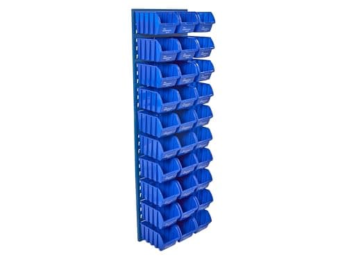 Image of The Workplace Depot Louvre Panel with Bins – Steel Wall Storage Panel 1490(H) × 460(W) with Blue, Red or Yellow Bins for Workshops, Garages & Offices (Blue, with x30 Medium Bins)