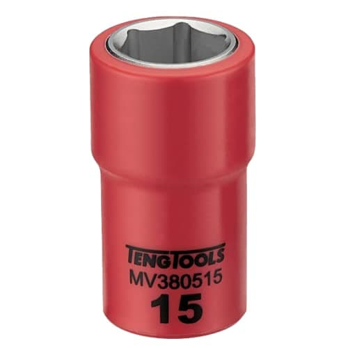 Image of Teng Tools 3/8 Inch Drive 15MM Metric 6 Point 1000 Volt Shallow Insulated Socket | Electricians Tool | Insulated Tool | Electrical Tool - MV380515