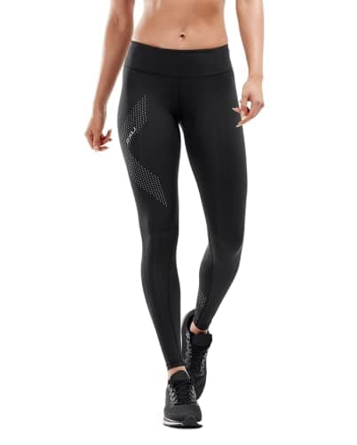 Image of 2XU Women's Motion Mid-rise Tights Compression Pants, Black/Dotted Reflective Logo, M UK
