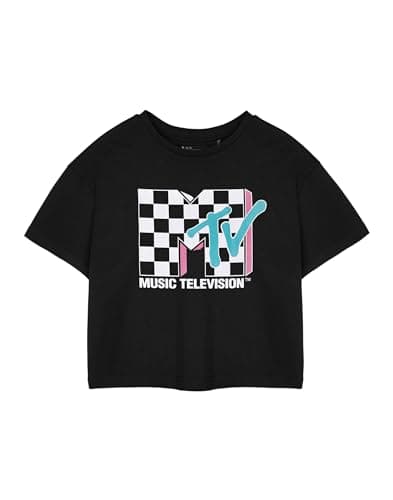Image of MTV Checkerboard Logo Womens Black Cropped T-Shirt | Short Sleeve Graphic Tee | Retro Logo Top | Music Television Apparel | Vintage Style Black Tee for Women