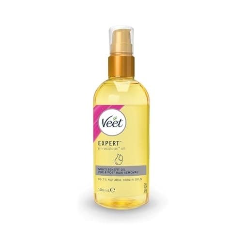 Image of Veet Miraculous Oil, Pre & Post Hair Removal, All Skin Types & Body Areas, 100ml, With Omega 3, Vitamins, Argan Oil, Shea Butter & Almond Oil, Suitable for Dermaplaning, Shaving, Waxing & Moisturising