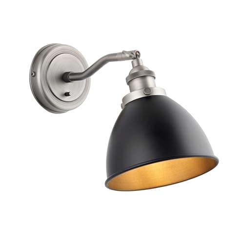 Image of National Lighting Rue Wall Light 7W - Matt Black Wall Light with Aged Pewter, Adjustable Indoor Sconce with On/Off Switch – LED E27 IP20 Dimmable Industrial Style Lamp