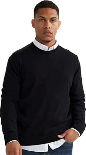 Image of alsestudio Men`s Crewneck Jumper 100% Cotton Premium Quality Soft Touch Long Sleeve Pullover Essential Style Knitted Sweaters for Men Black-Large