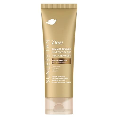 Image of Dove Summer Revived Sunkissed Glow Light to Medium Gradual Tan Lotion body lotion with Pro-Ceramides, Niacinamide, Aloe Vera & Glycerin for 72h visibly moisturised, glowing, soft skin 200 ml