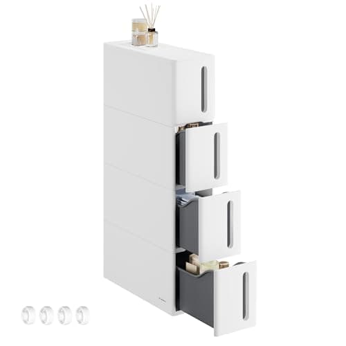 Image of SONGMICS Storage Tower on Wheels, Narrow Kitchen Column, 4 Tier Plastic Shelf, Space Saving, 45 x 17 x 84 cm, White and Grey KFR008G01