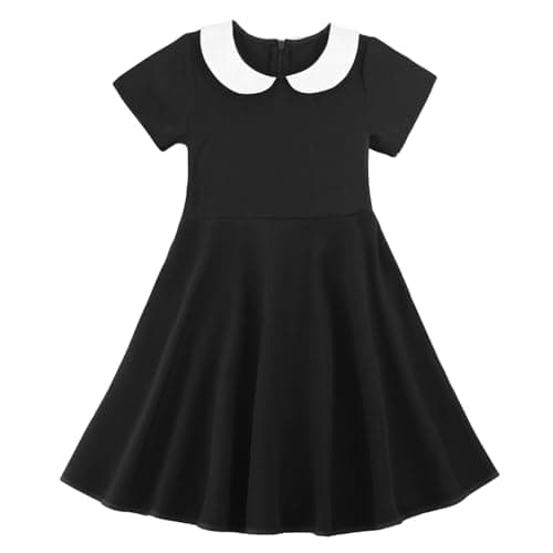 Image of BINIDUCKLING Girls Dress Short Sleeve Kids Casual Peter Pan Collar Fit and Flare Skater Party Dress for Black 3-4 Years
