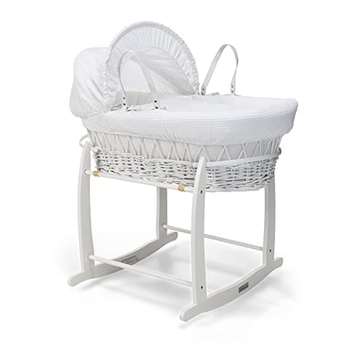 Image of Clair de Lune Waffle White Wicker Moses Basket & Deluxe Rocking St& Including 1x Adjustable, Removable Hood, 2x Carry, Hypoallergenic Fibre Mattress (White), (CL4637WBE/4281WE)