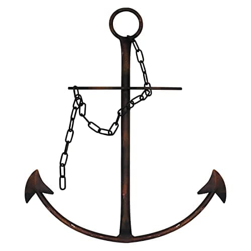 Image of Nautical Anchor Wall Decor - Antique Metal Art With Chain for Bedroom, Living Room, Dorm Home - 13" Vintage Farmhouse Decor