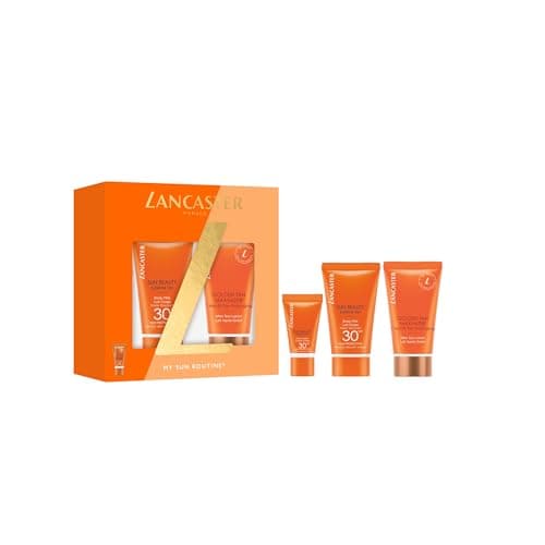 Image of Lancaster Sun Beauty Skin Care Sets, Golden Tan Maximizer After Sun Lotion 50ml, Sun Beauty Body Milk SPF30 50ml, Sun Beauty Face Cream SPF30 5ml